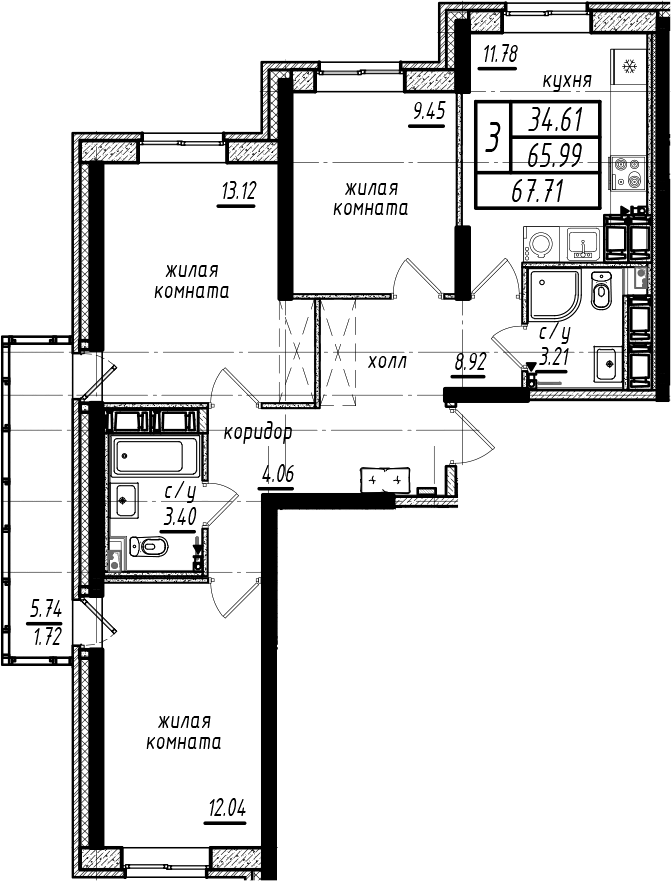 3-комнатная квартира 67.71 м², 19/25 эт., ЖК «Северная Долина»